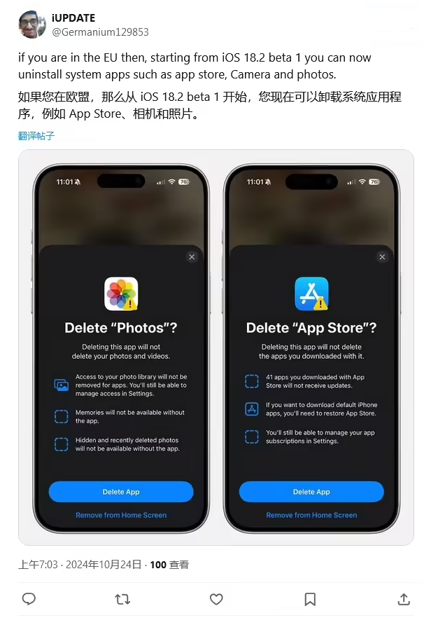 广安苹果手机维修分享iOS 18.2 支持删除 App Store 应用商店 