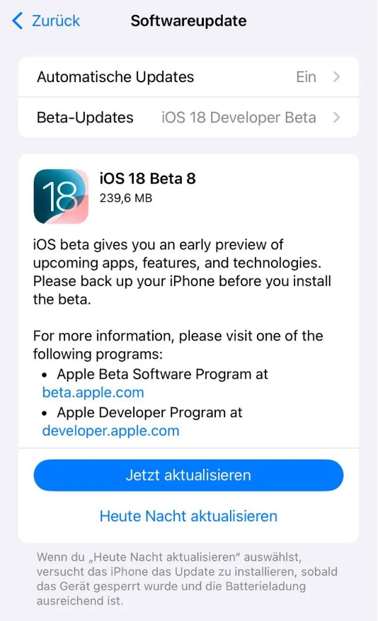 广安苹果手机维修分享苹果 iOS / iPadOS 18 开发者预览版 Beta 8 发布 